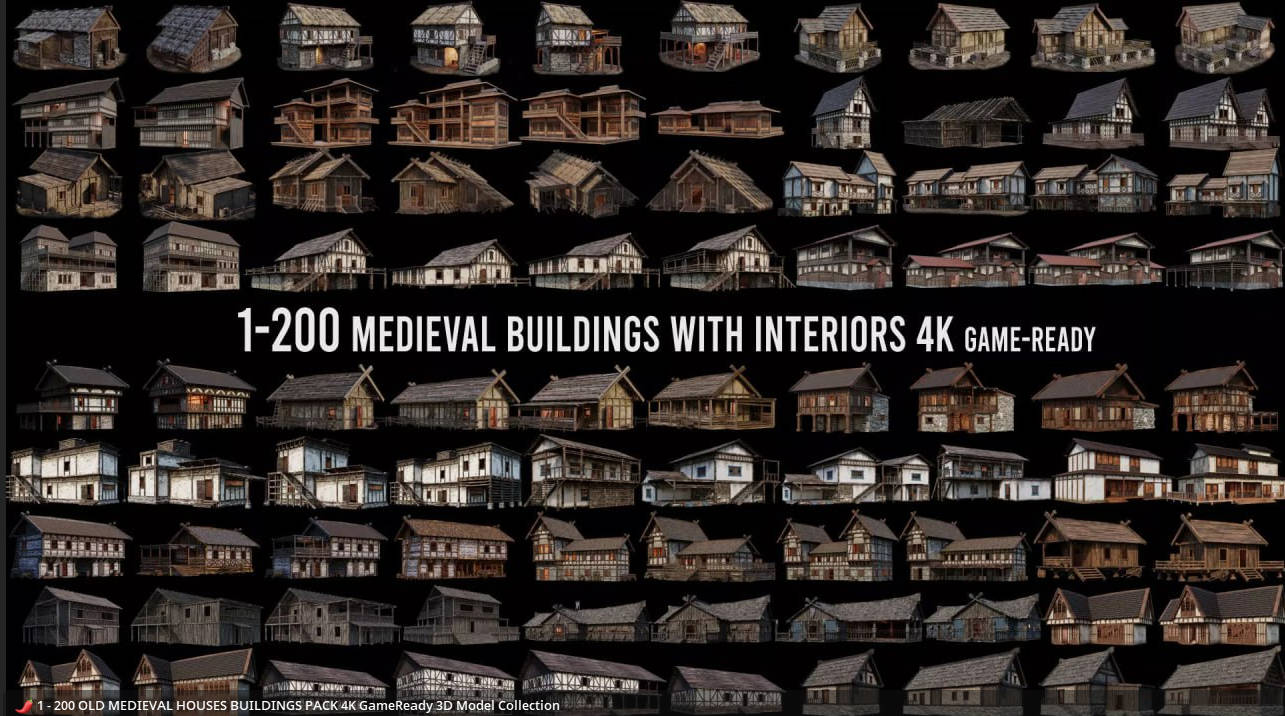古欧洲房屋建筑3D模型资产 CGTrader – 1 – 200 OLD MEDIEVAL HOUSES BUILDINGS PACK (Blender/FBX格式)