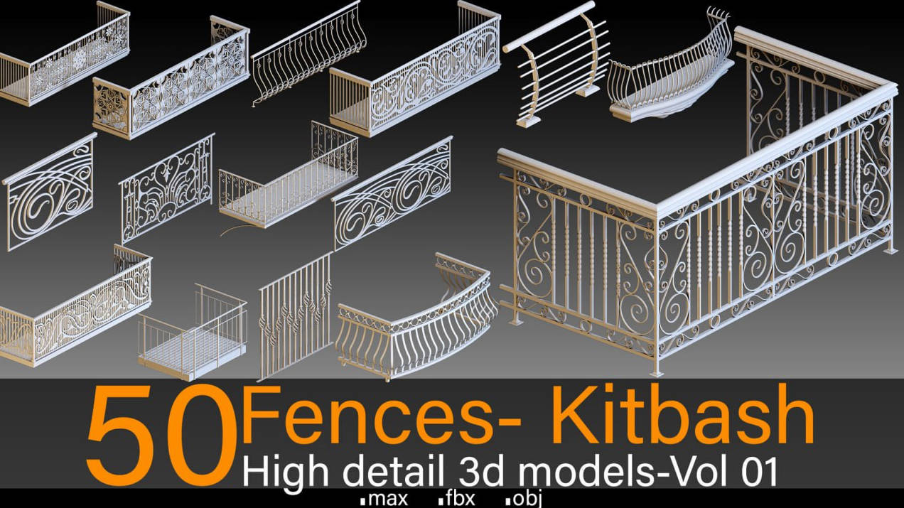 50 Fences- Vol 01- Kitbash- High detail 3d models